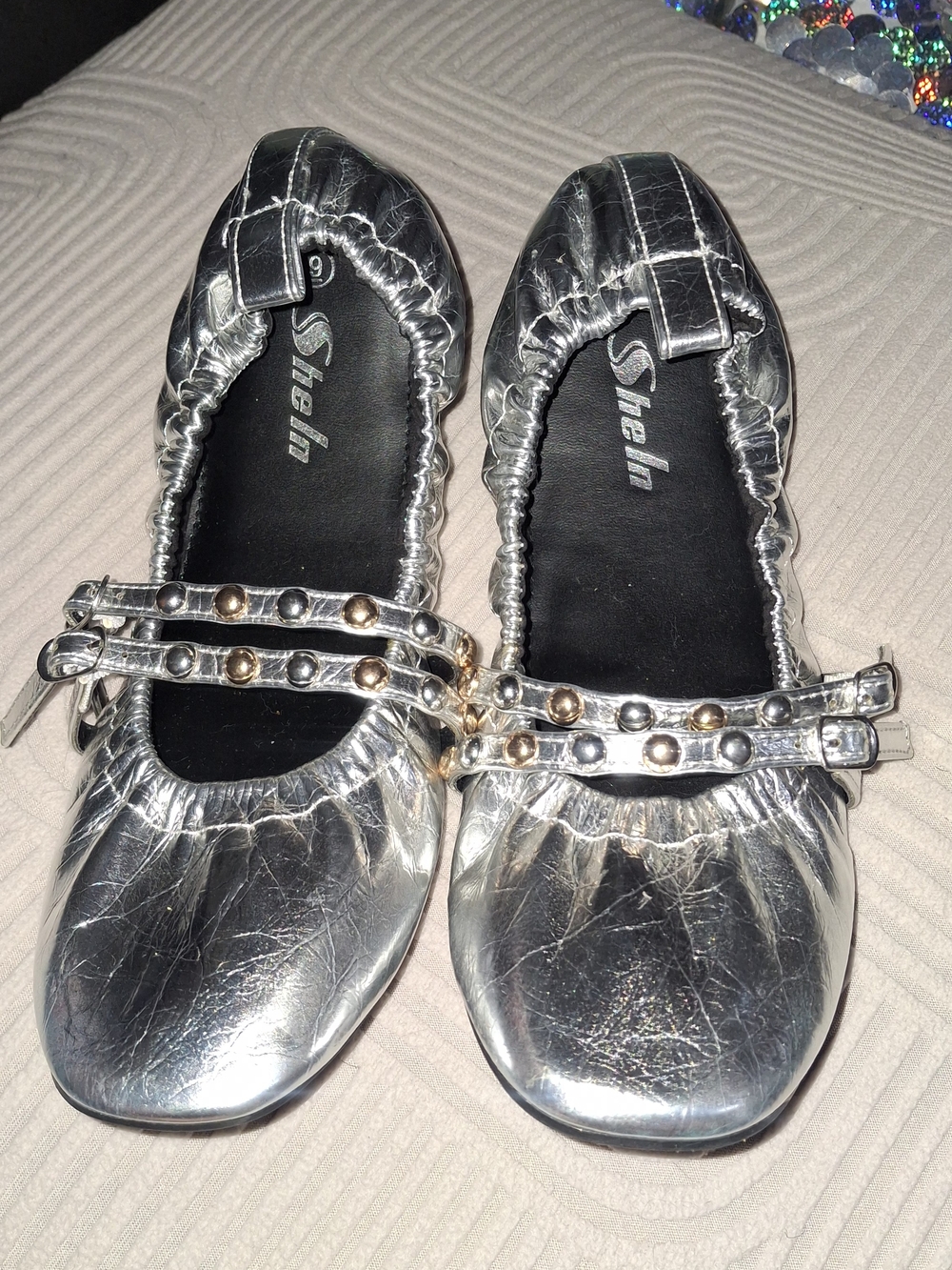 Silver Studded Mary Jane Ballet Flats Women's Size 9 New No Box Metallic